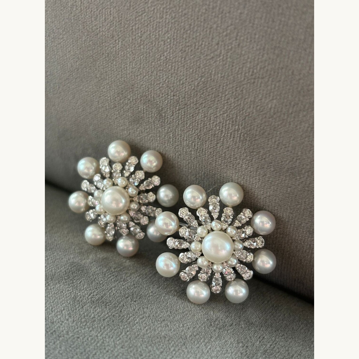 Pearl and Diamond Flower Stud Earrings