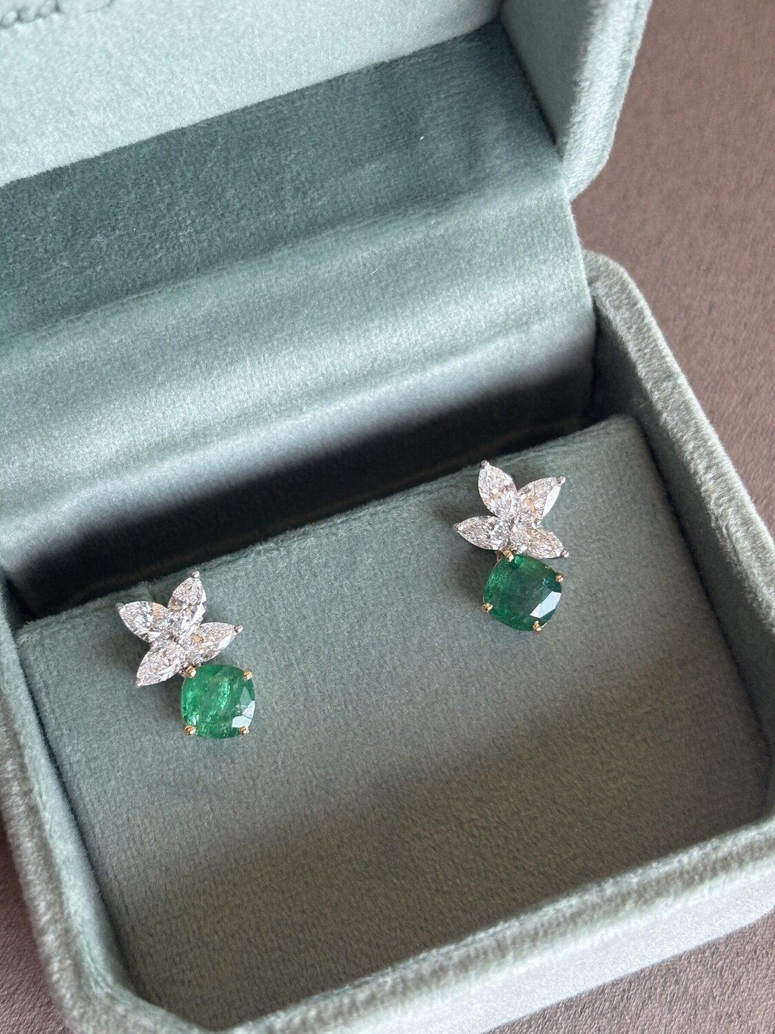 Emerald and Diamond Flower Stud Earrings