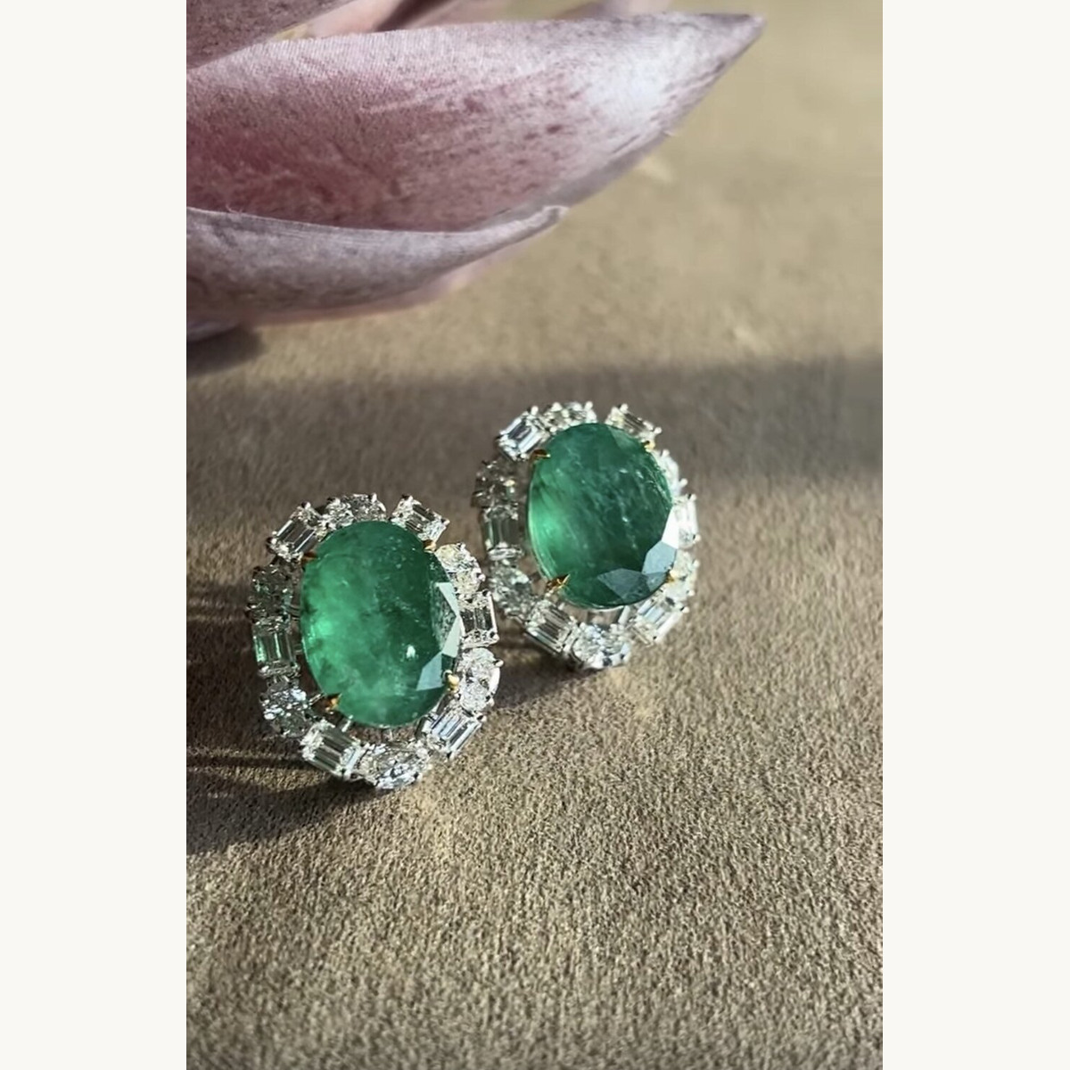 Oval Emerald and Diamond Halo Earrings