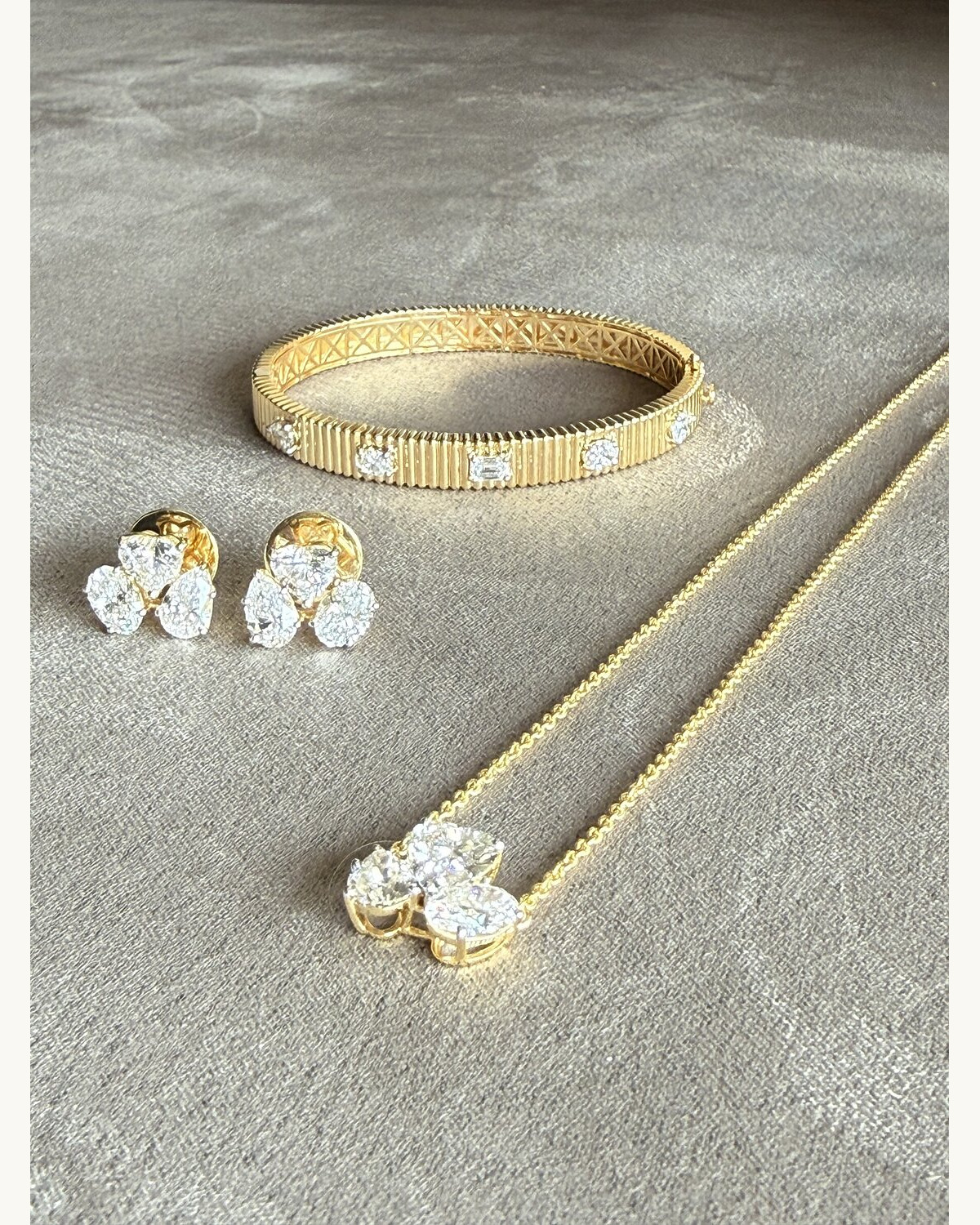 Gold Diamond Bangle, Earring and Lariat Set