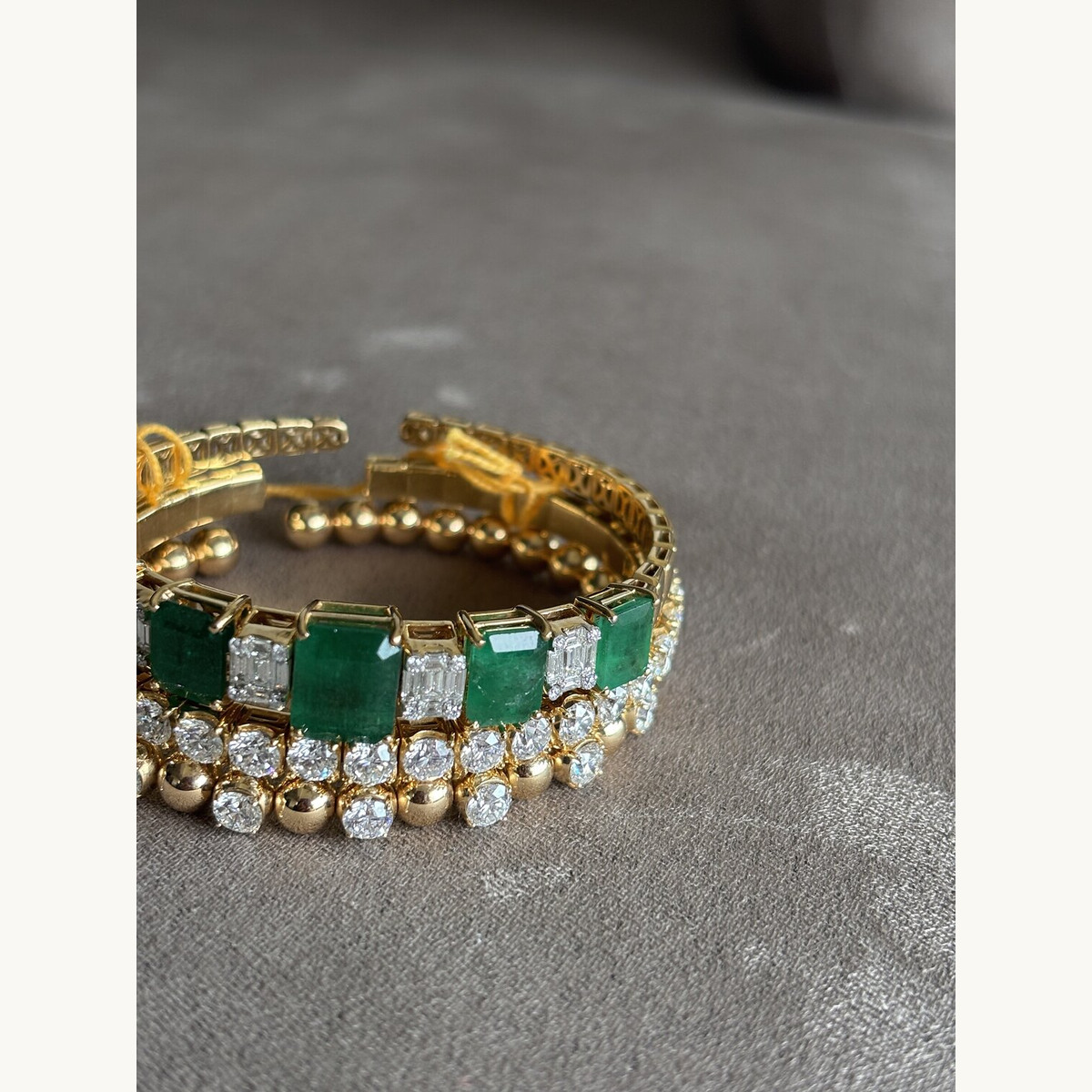Wide Emerald and Diamond Gold Bangle