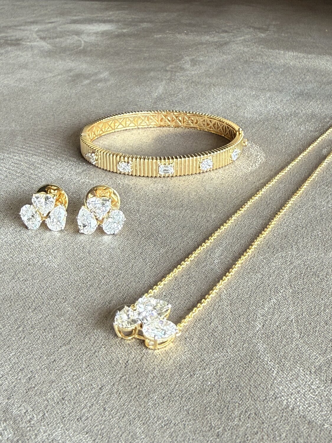 Gold Diamond Bangle, Earring and Lariat Set