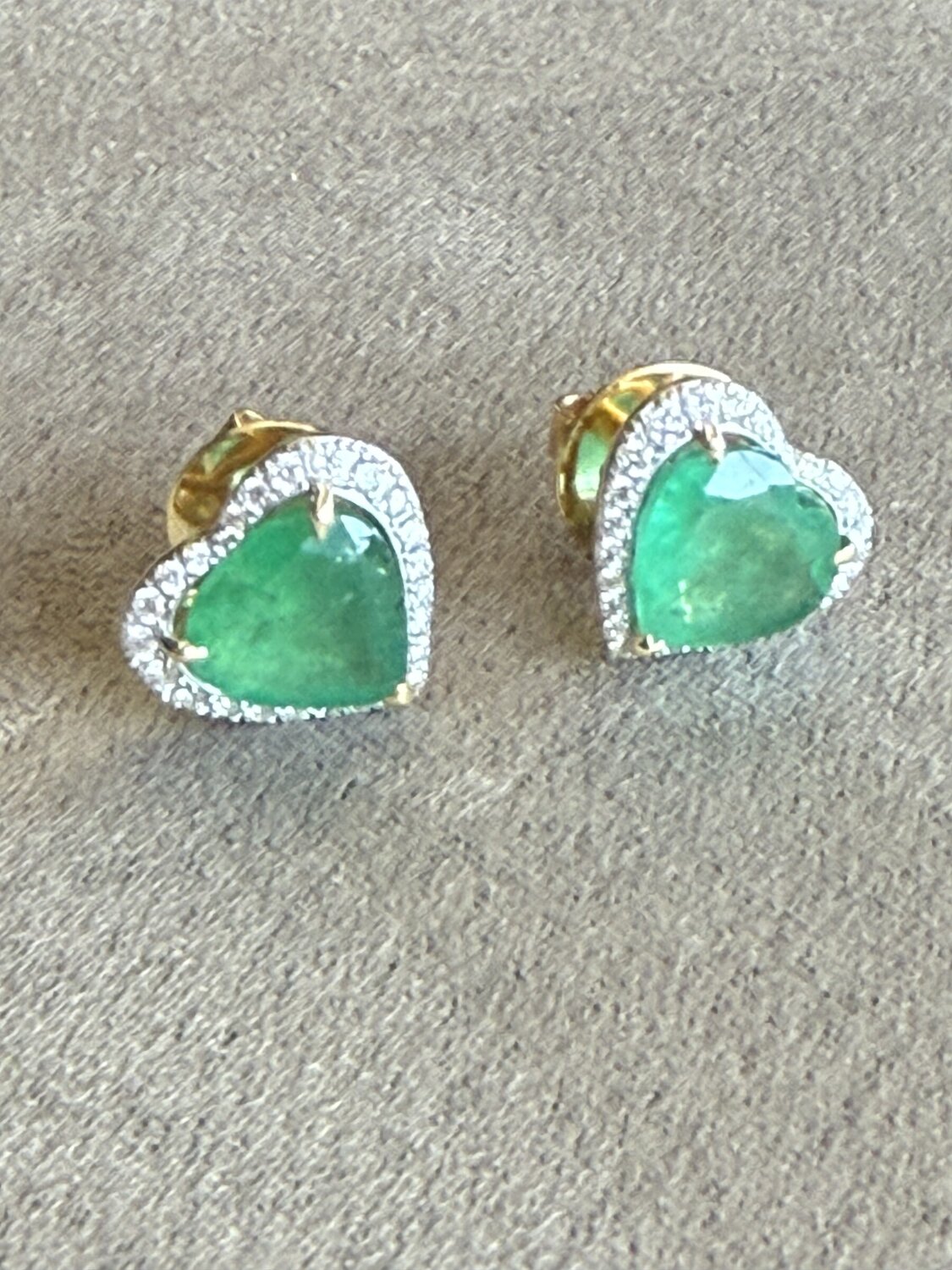 Emerald Heart and Diamond Halo Stud Earrings