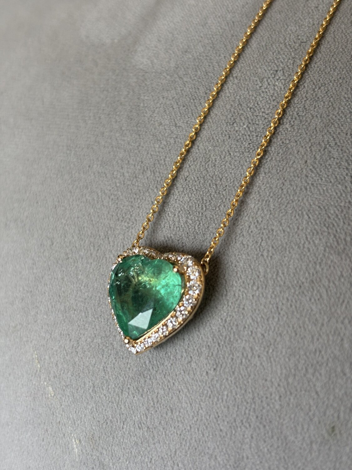 Emerald Heart and Diamond Halo Pendant Necklace