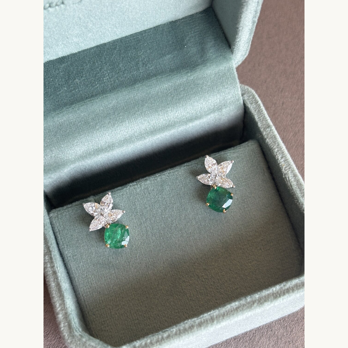 Emerald and Diamond Flower Stud Earrings