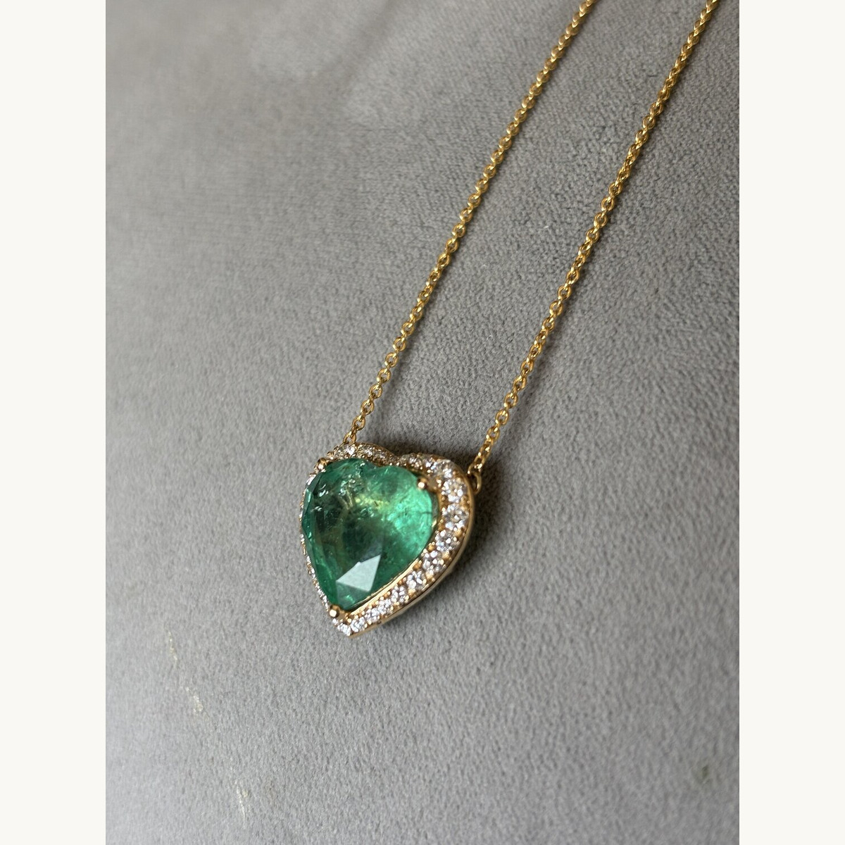 Emerald Heart and Diamond Halo Pendant Necklace