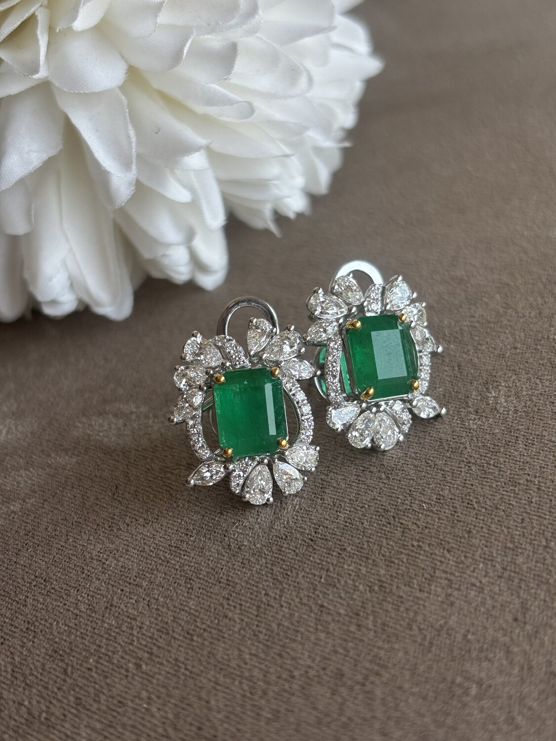 Emerald-Cut Emerald and Diamond Halo Studs