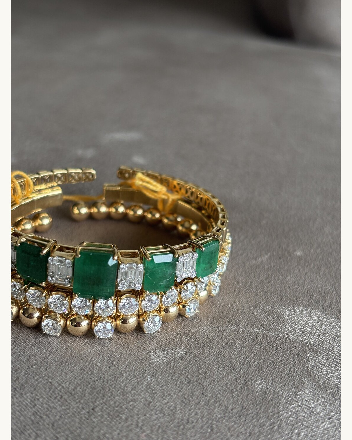 Wide Emerald and Diamond Gold Bangle