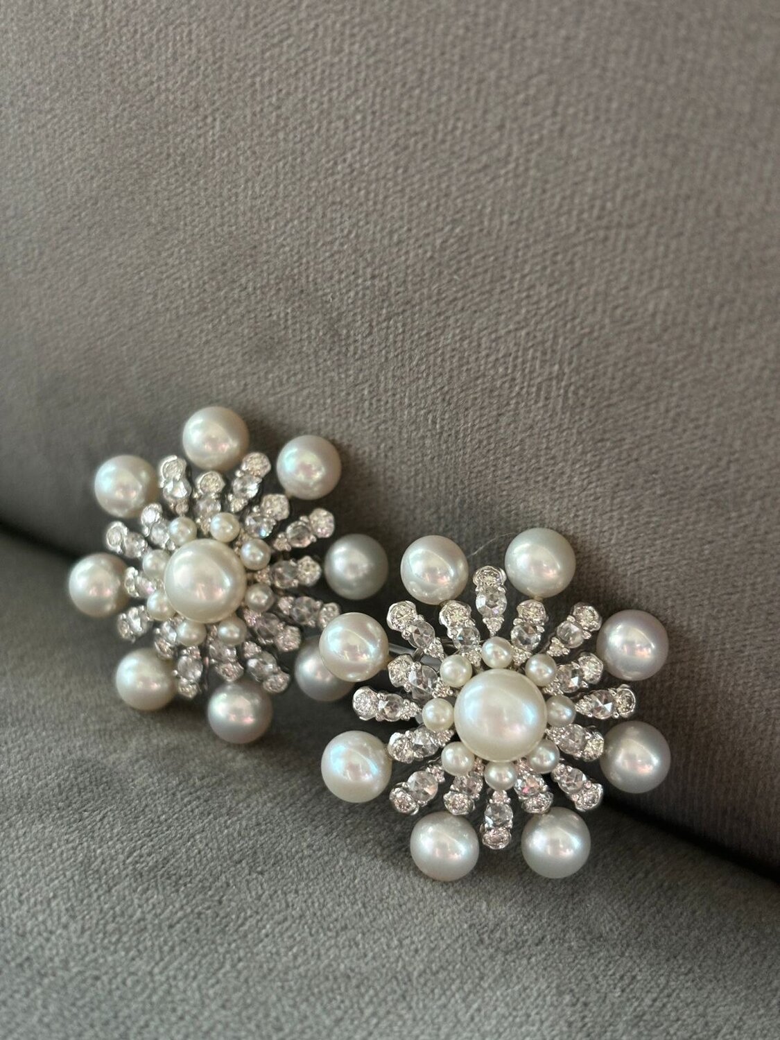 Pearl and Diamond Flower Stud Earrings