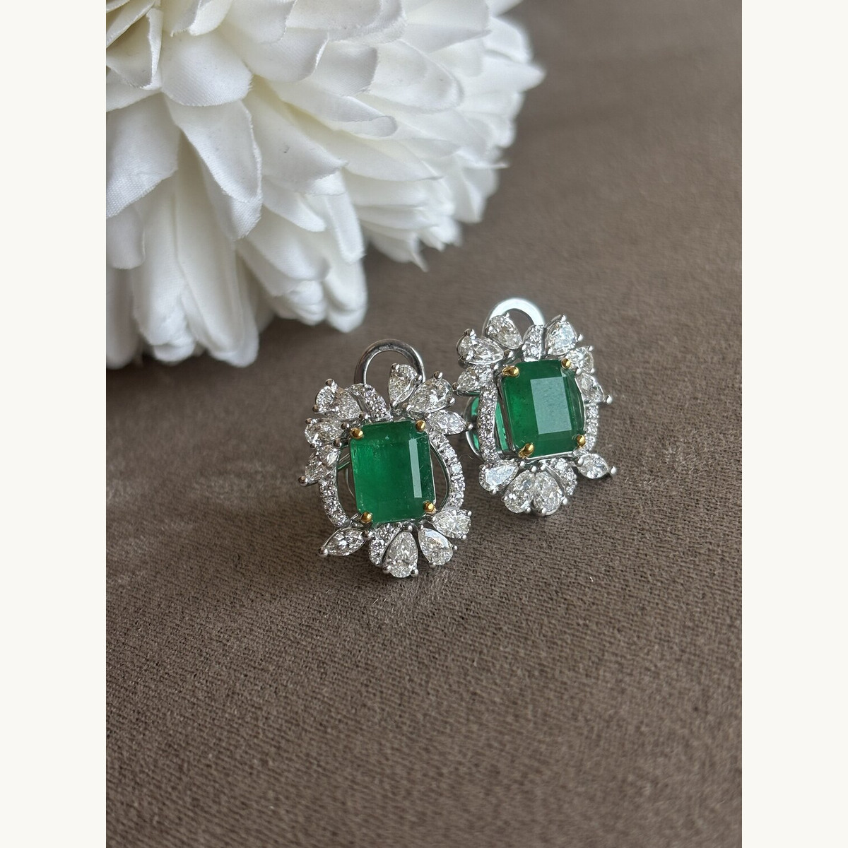 Emerald-Cut Emerald and Diamond Halo Studs