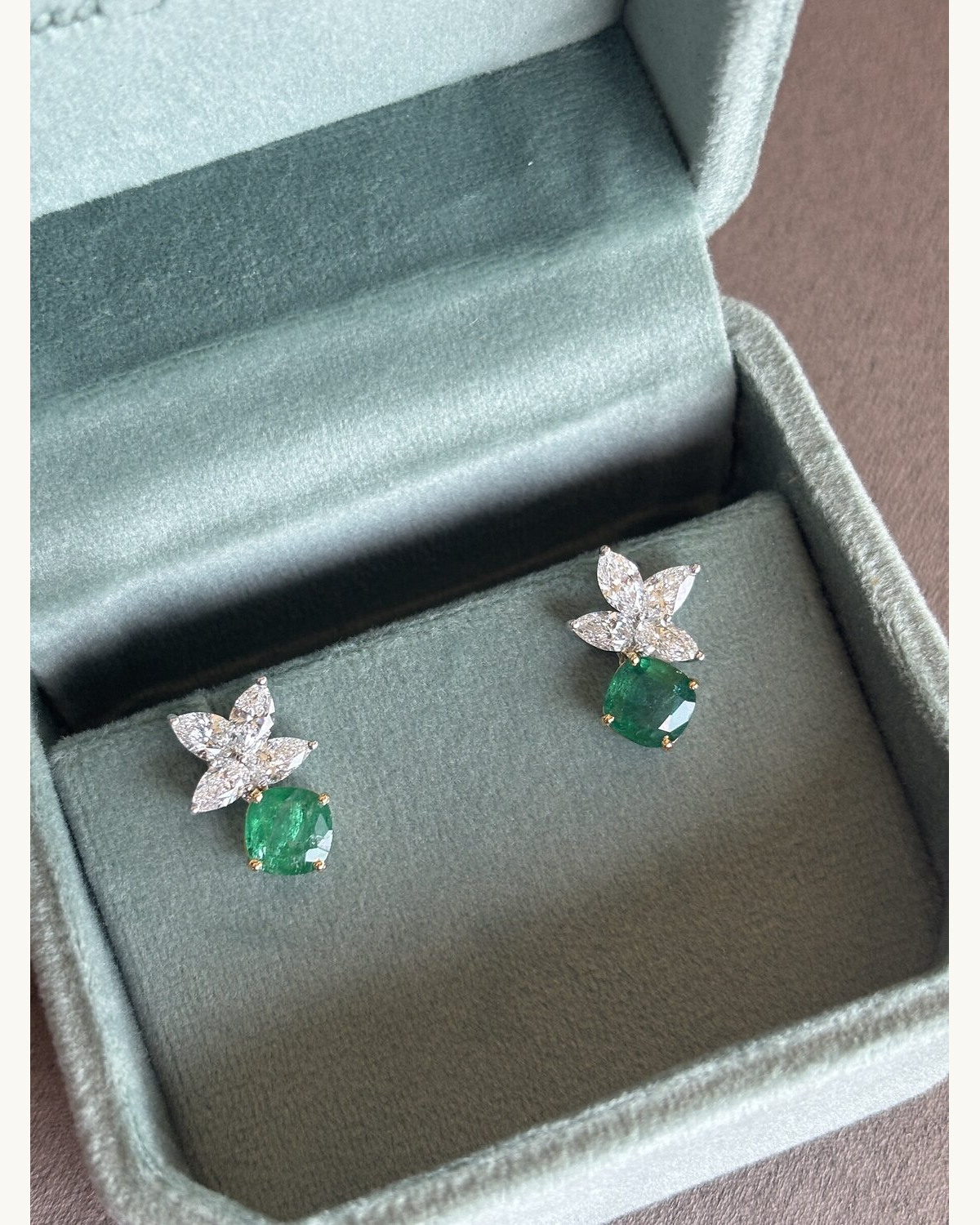Emerald and Diamond Flower Stud Earrings
