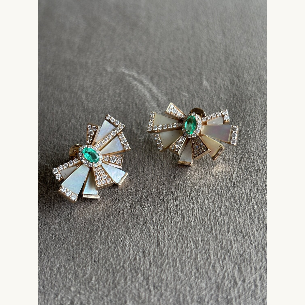Mother-of-Pearl and Emerald Bow Earrings