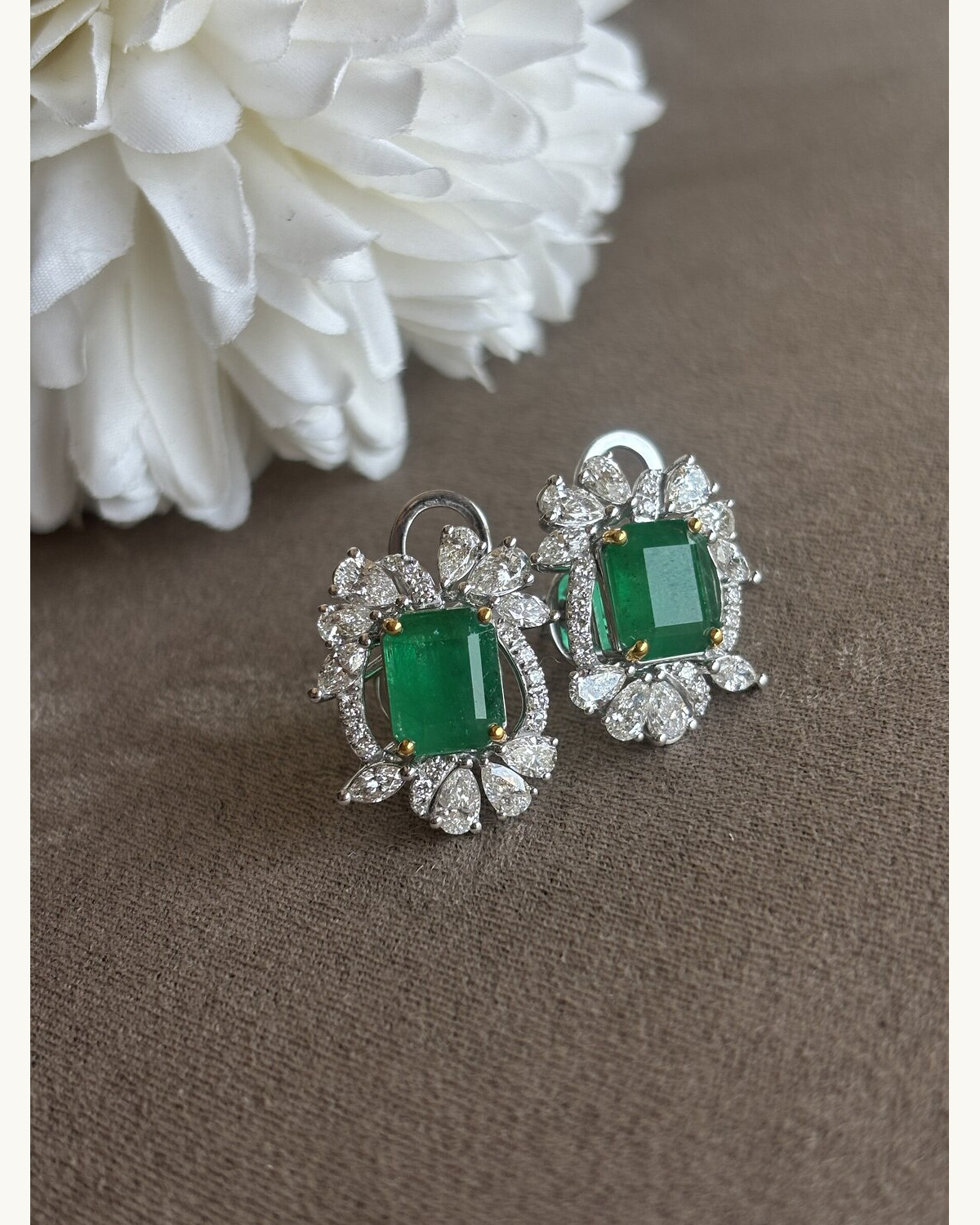 Emerald-Cut Emerald and Diamond Halo Studs