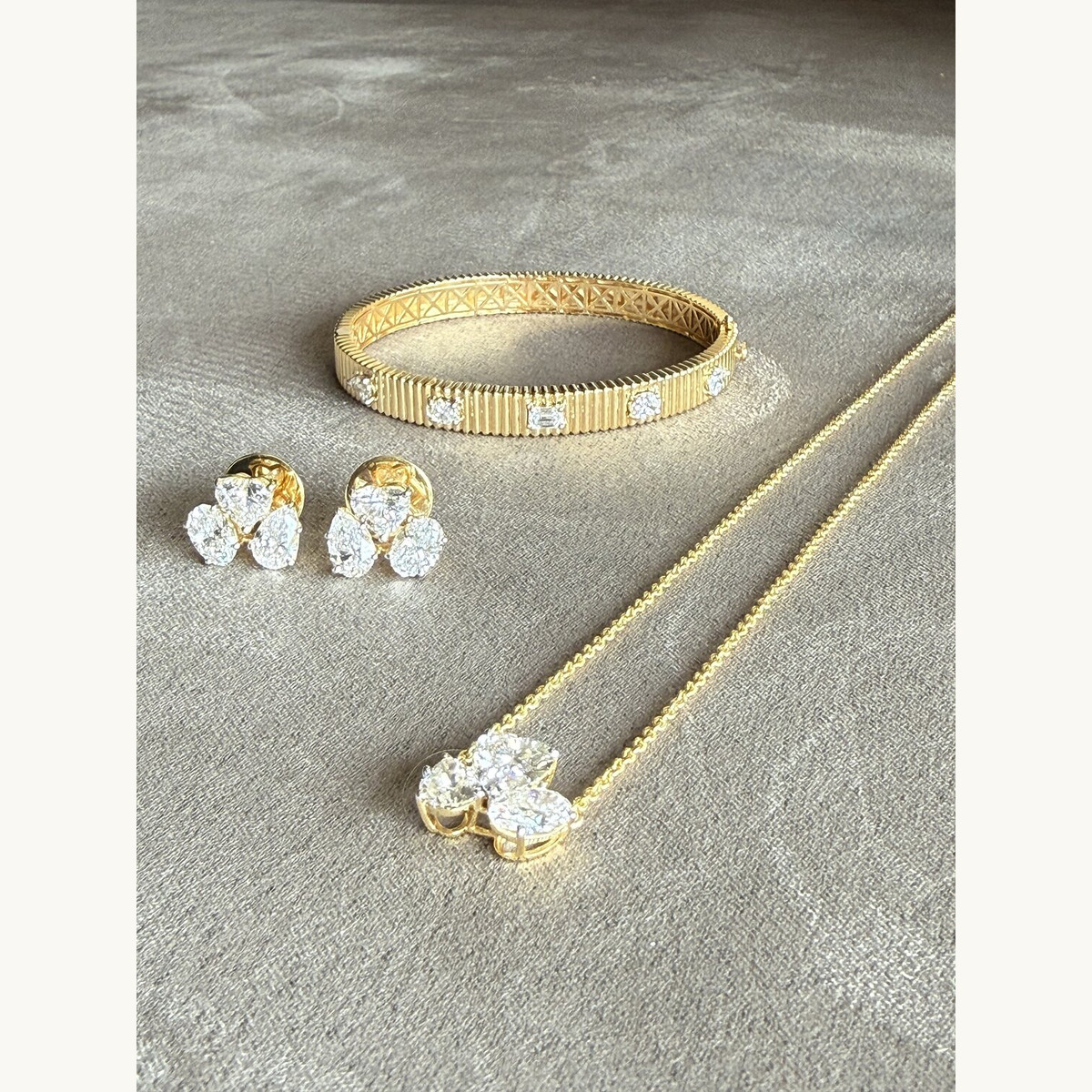 Gold Diamond Bangle, Earring and Lariat Set