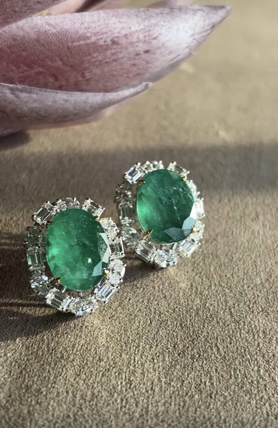 Oval Emerald and Diamond Halo Earrings